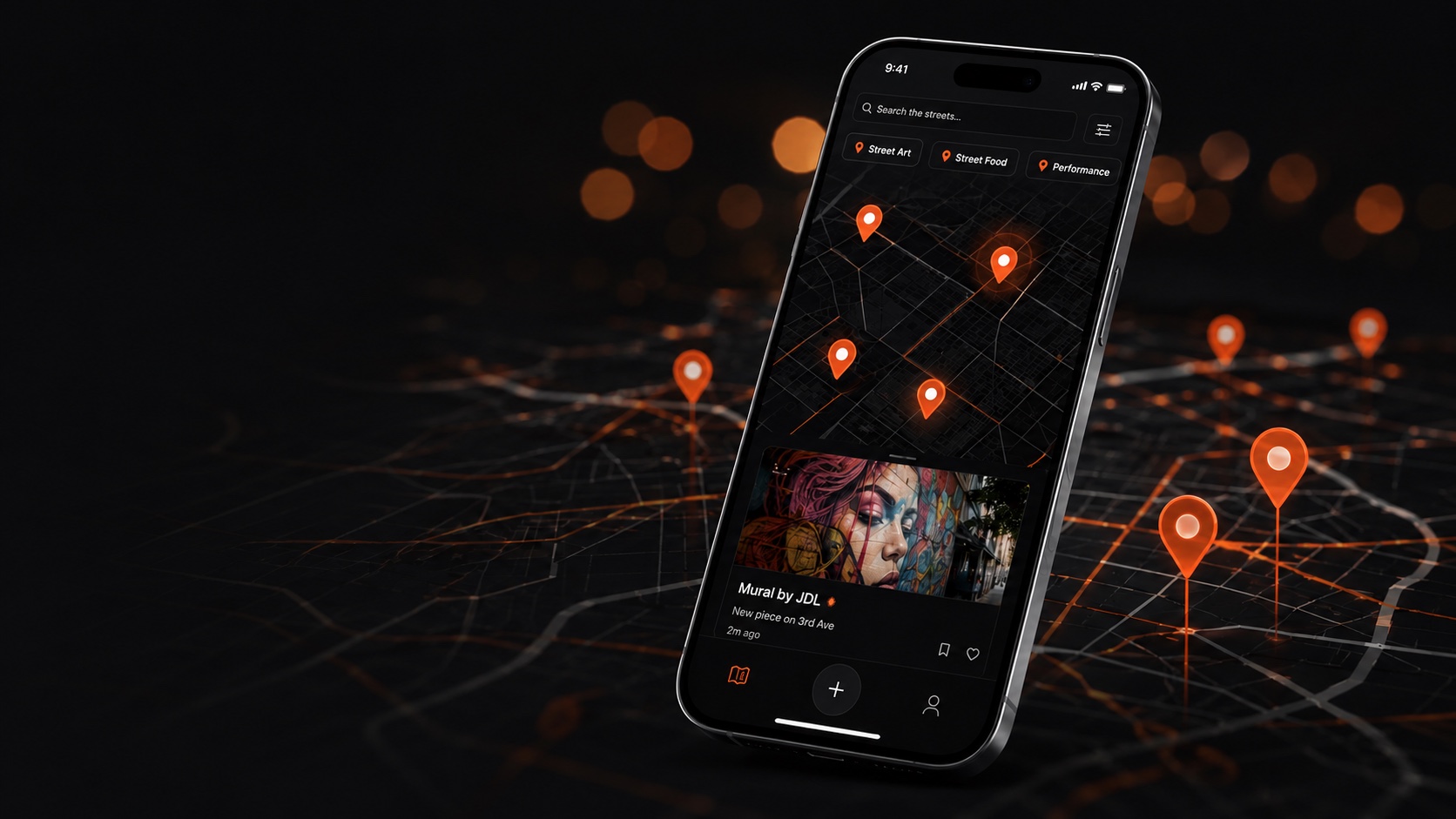 The Street Gallery app showing a map with pins for nearby street art, street food, and performances, plus a spotlighted mural post